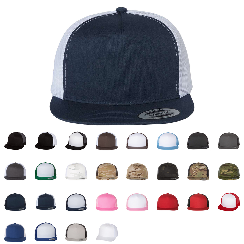 Flat-bill trucker caps assortment with multiple colors shown in a lineup