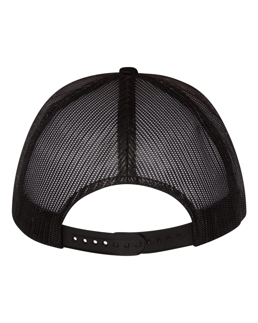 Flat-bill trucker cap with black mesh panels and black snapback strap