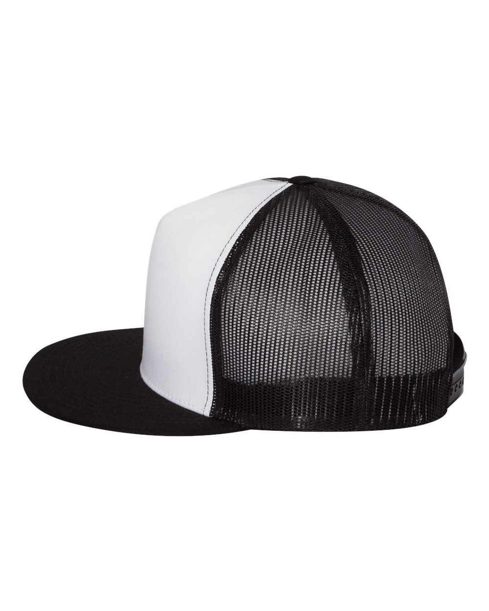 Flat-bill trucker cap with black mesh crown, white front panel, black strap