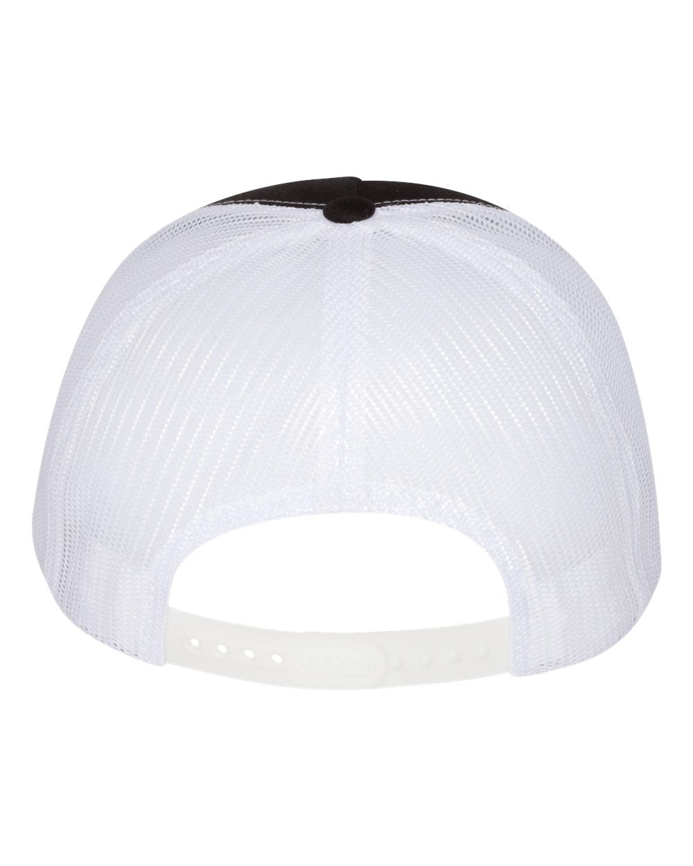 Trucker cap back with white mesh, white snapback strap, and ventilation holes