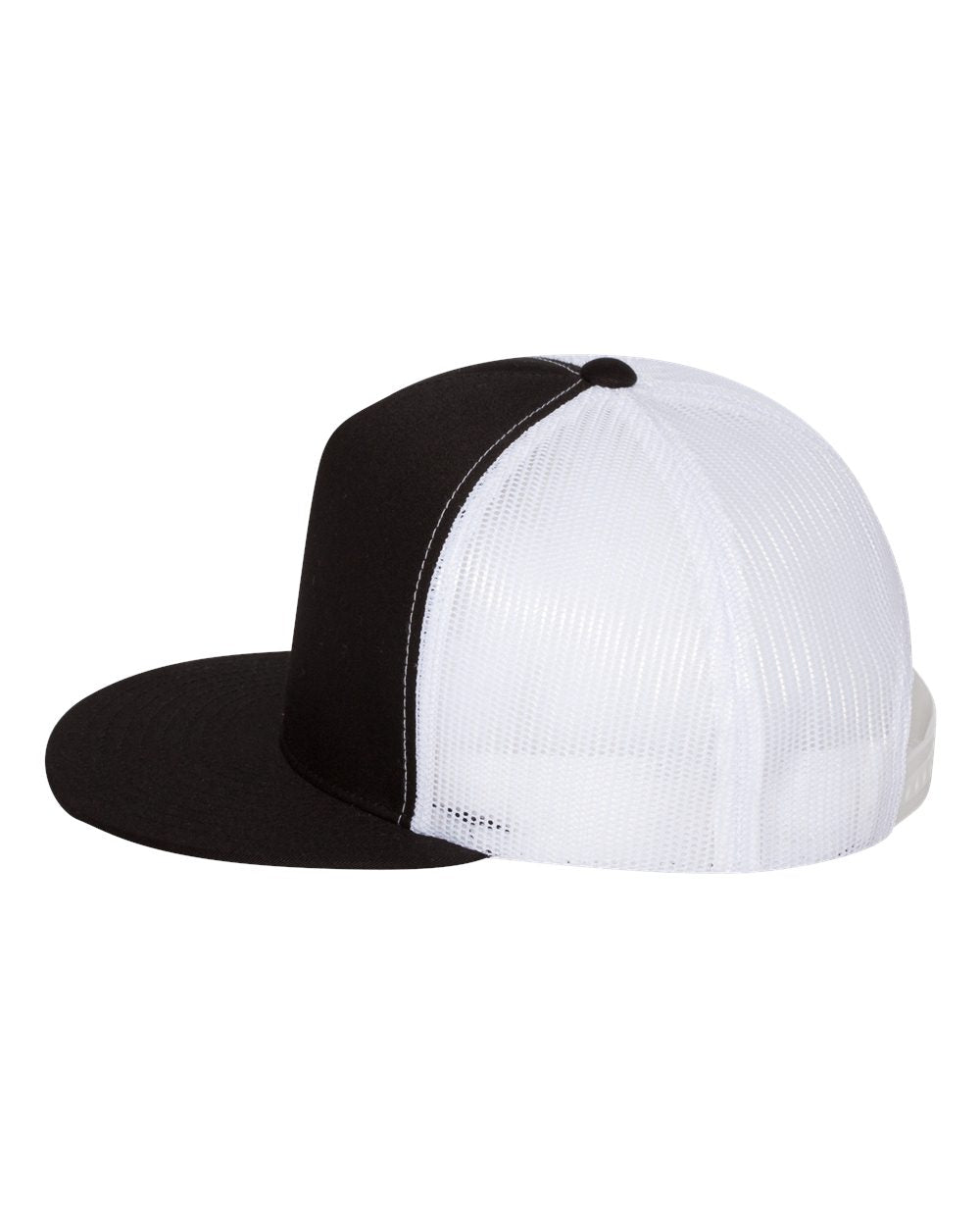 Trucker cap with black crown and black flat brim, white mesh sides and panel