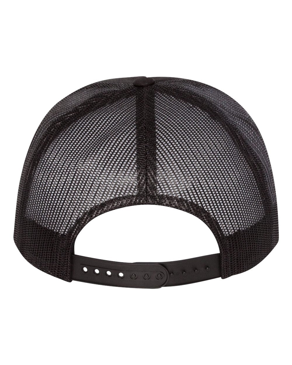 Trucker cap back with black mesh, white snapback strap and stitched ventilation holes