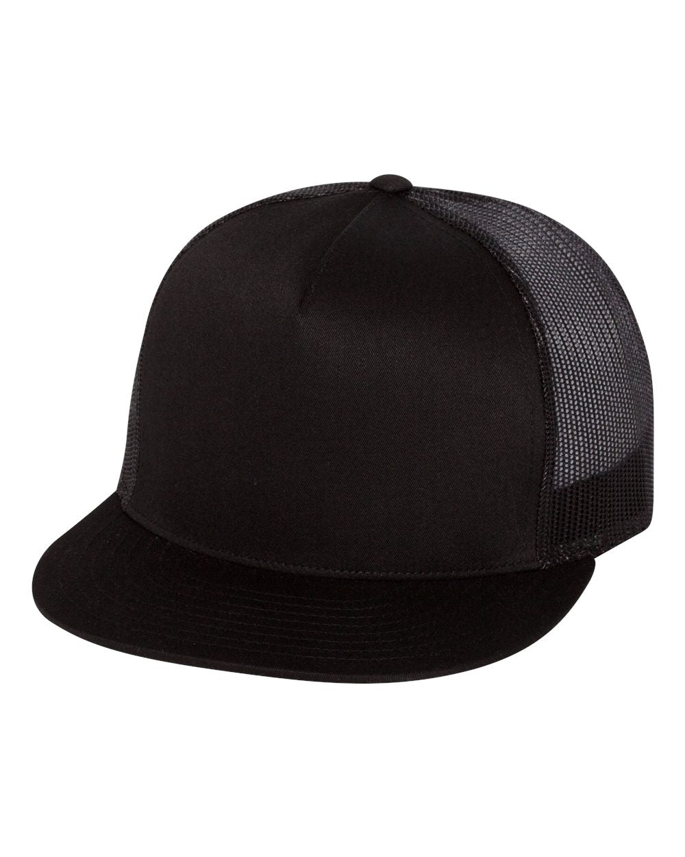 Black flat-bill trucker cap with mesh side panel and stitched front crown