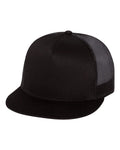 Black flat-bill trucker cap with mesh side panel and stitched front crown