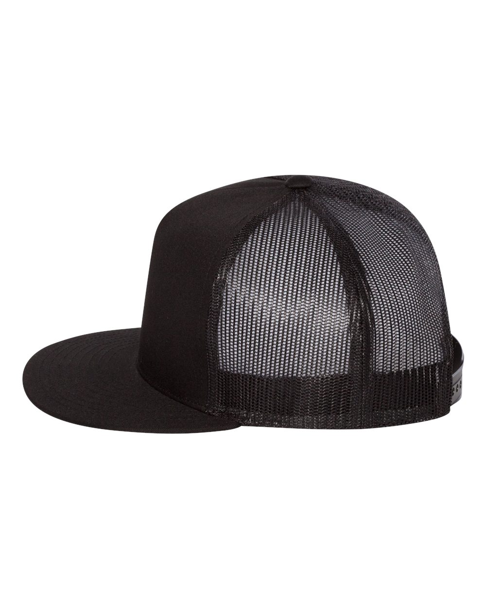 Trucker cap with black front and crown, black mesh sides, and black flat brim