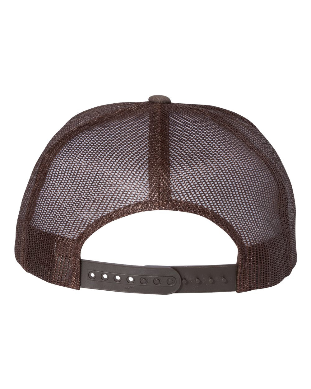 Flat-bill trucker cap with brown mesh panels and brown snapback strap