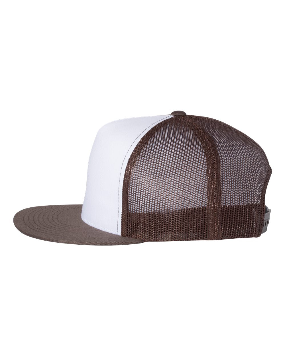 Flat-bill trucker cap with white front panel, brown mesh crown, brown flat bill
