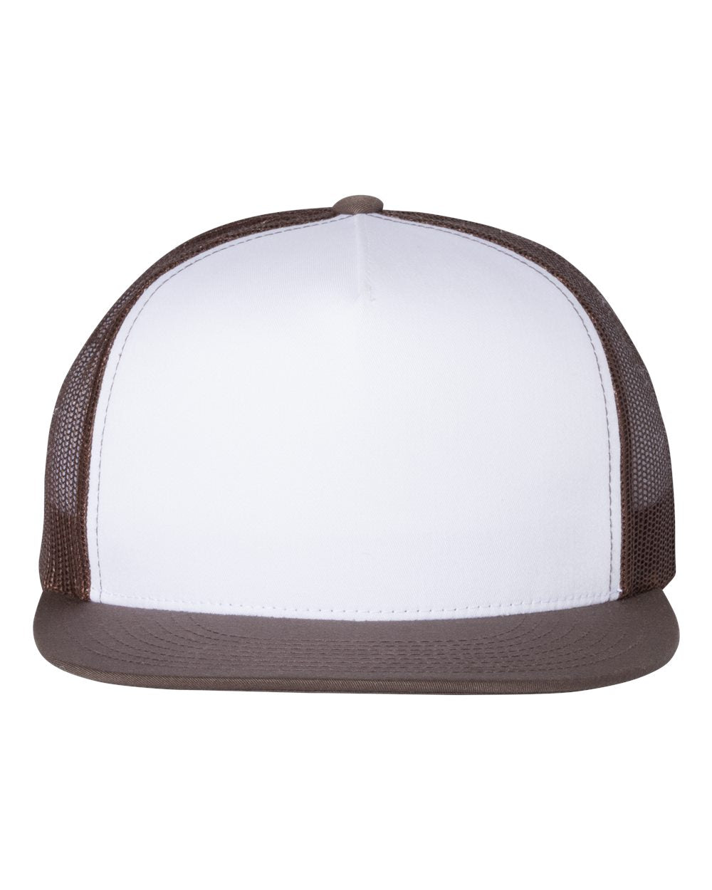 White flat-bill trucker cap with brown mesh side panels and brown brim