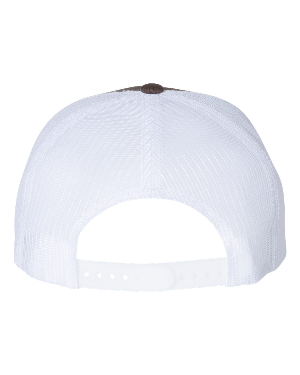 Flat-bill trucker cap with white mesh panels and light snapback strap