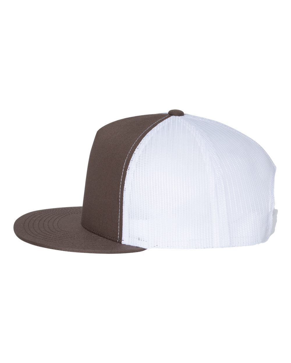 Flat-bill trucker cap with white front panel and brown flat bill, brown mesh back