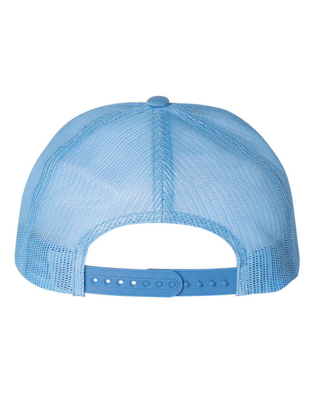 Flat-bill trucker cap with light blue mesh panels and blue snapback strap