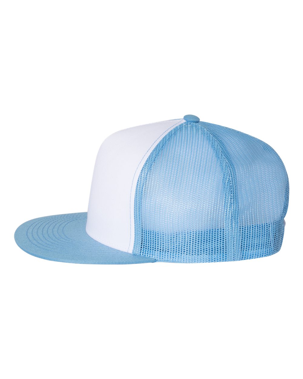 Flat-bill trucker cap with light blue mesh crown, white front panel, light blue bill
