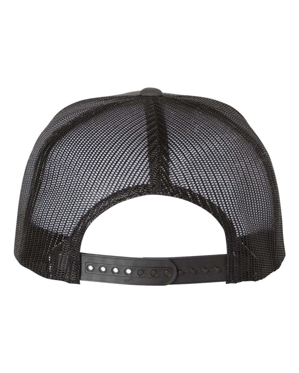 Flat-bill trucker cap with dark mesh crown and black adjustable snapback