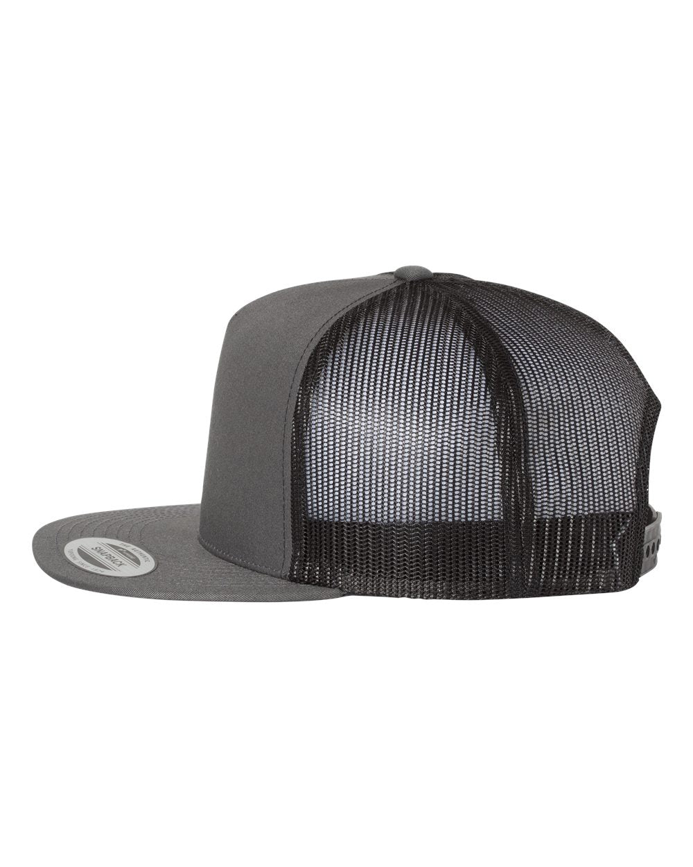 Flat-bill trucker cap with dark mesh crown, dark brim, and snapback strap