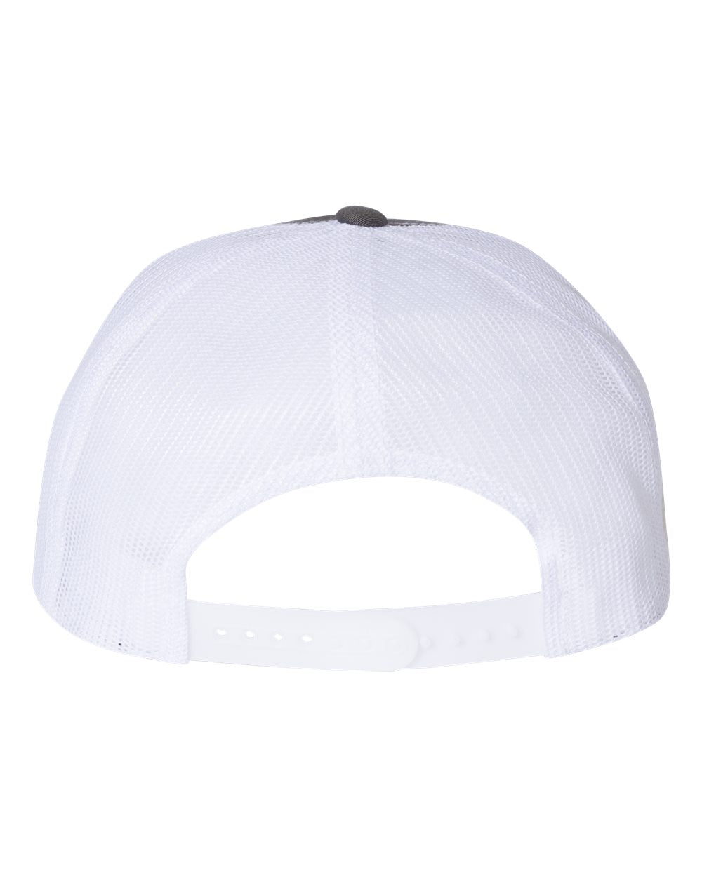 Flat-bill trucker cap with white mesh panels and white adjustable snapback strap