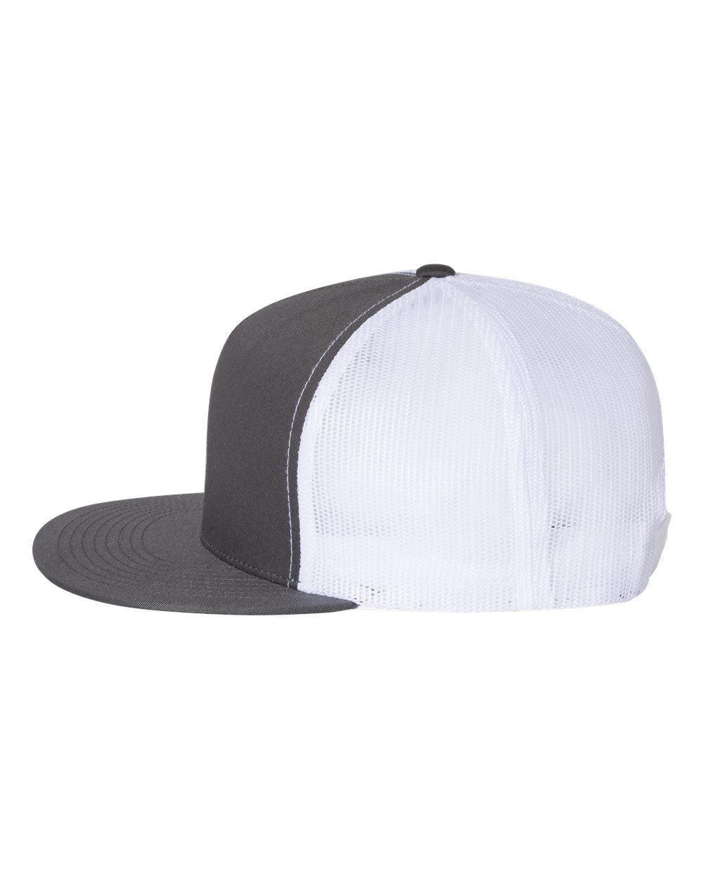 Flat-bill trucker cap with dark gray brim and white mesh front panels