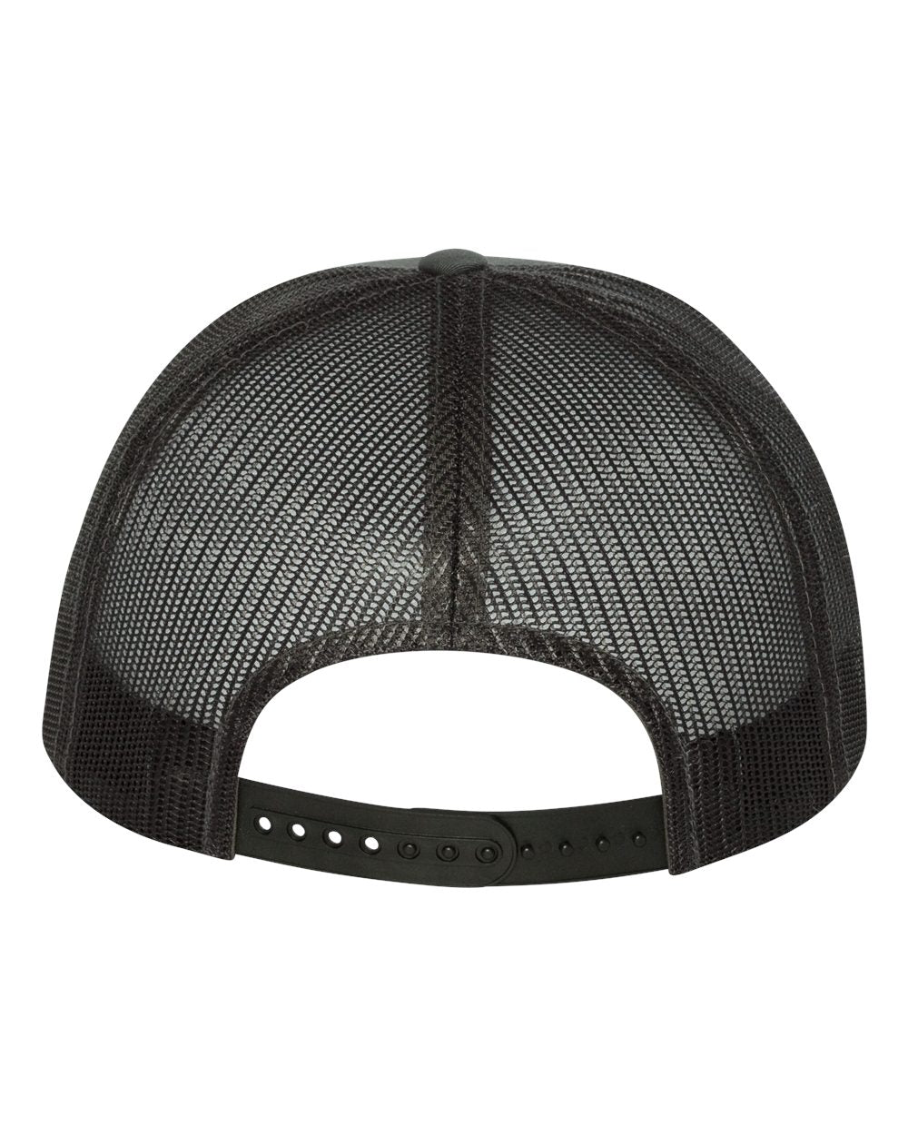 Flat-bill trucker cap with dark mesh panels and black snapback strap