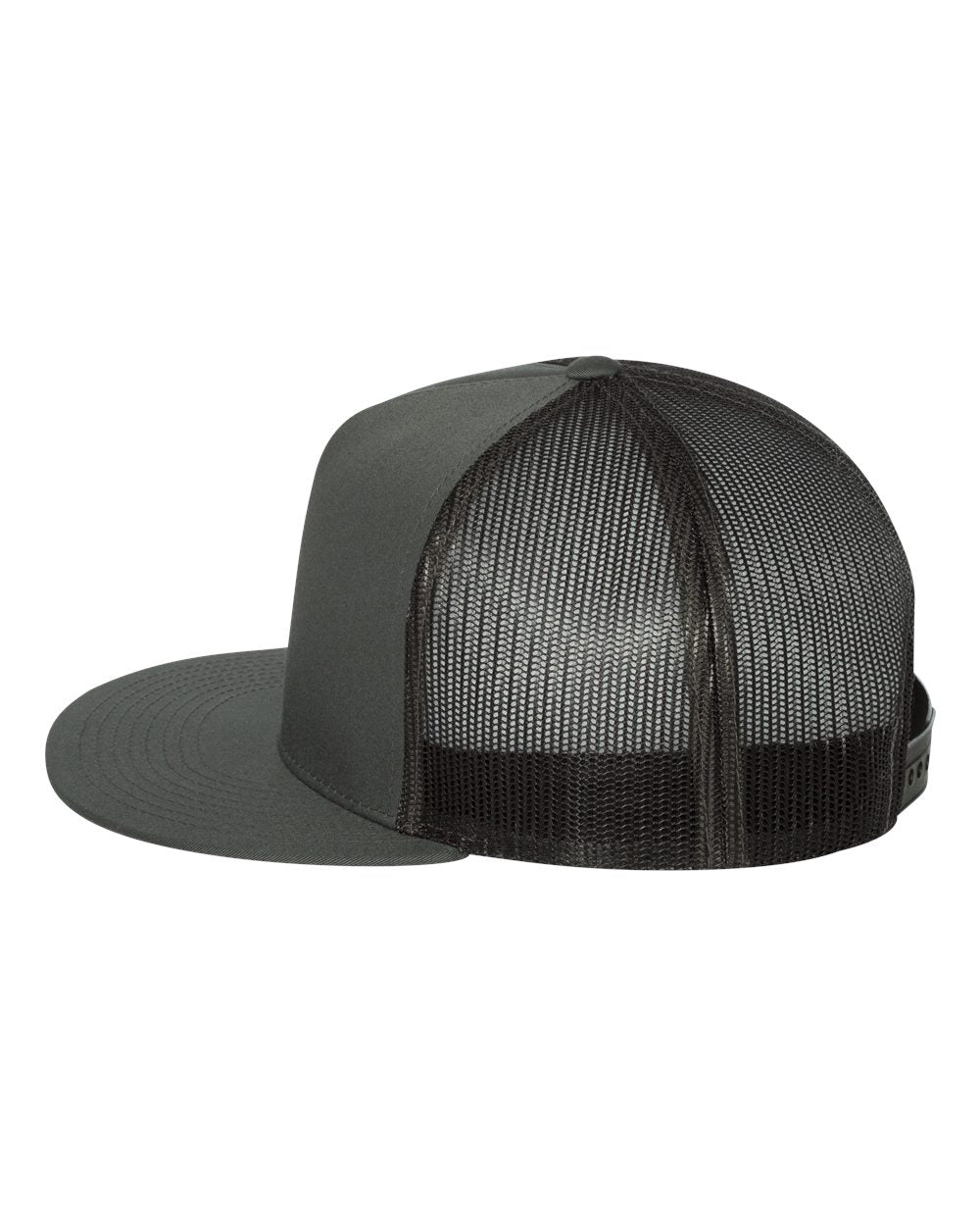 Flat-bill trucker cap with dark gray front panel mesh and matching brim