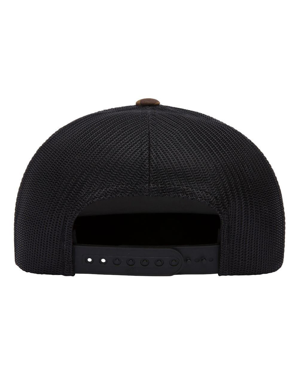 Flat bill trucker cap in black with black mesh back and adjustable strap