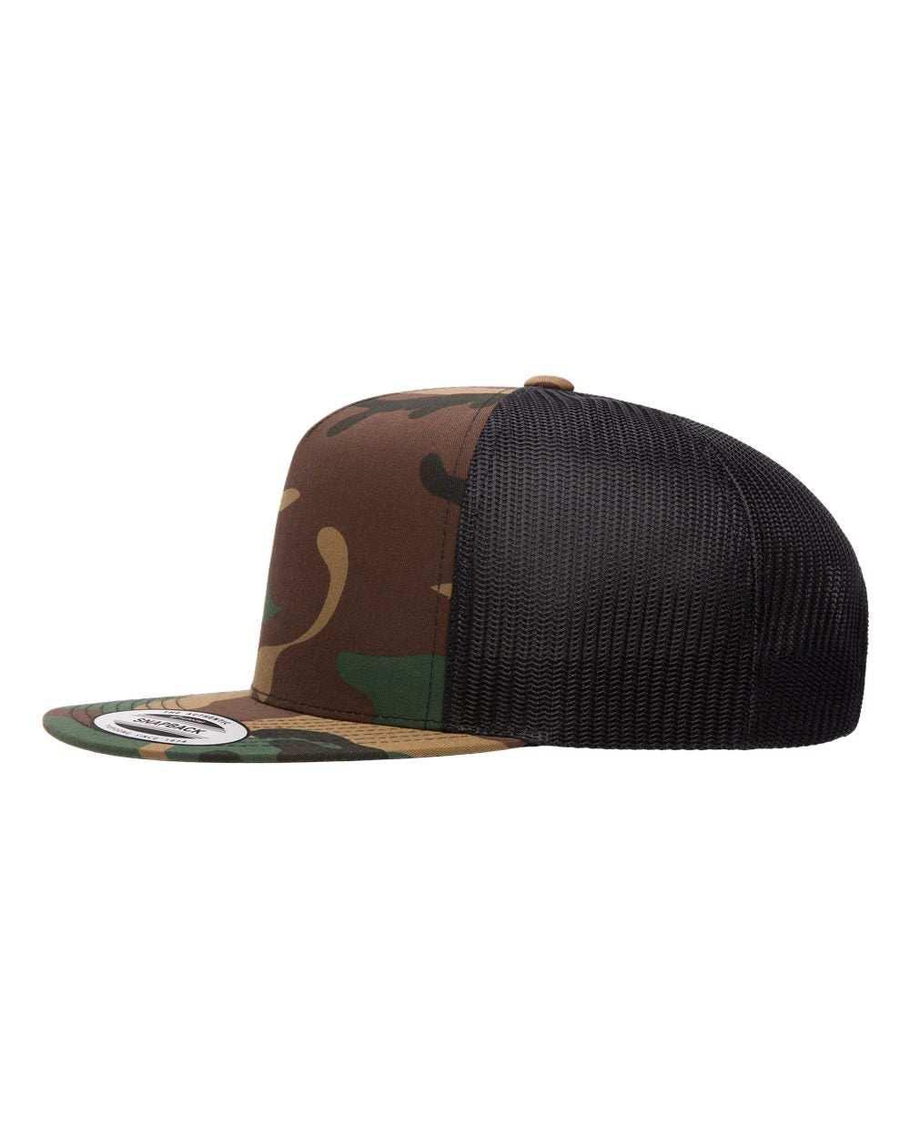 Flat bill trucker cap with brown camouflage front panel and black mesh back