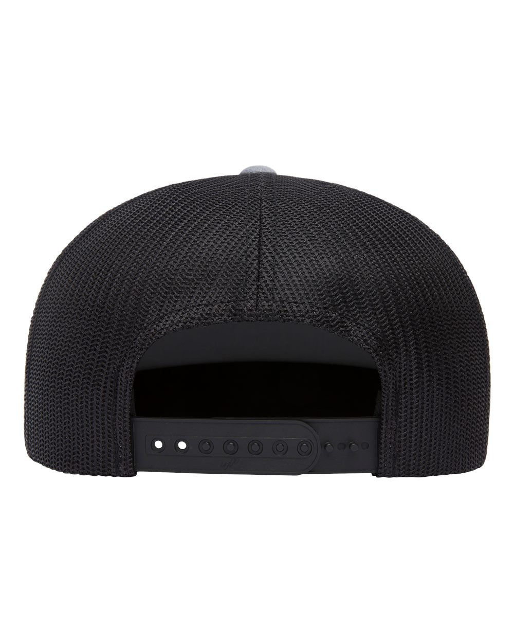 Flat bill trucker cap in black with black mesh back and snapback strap