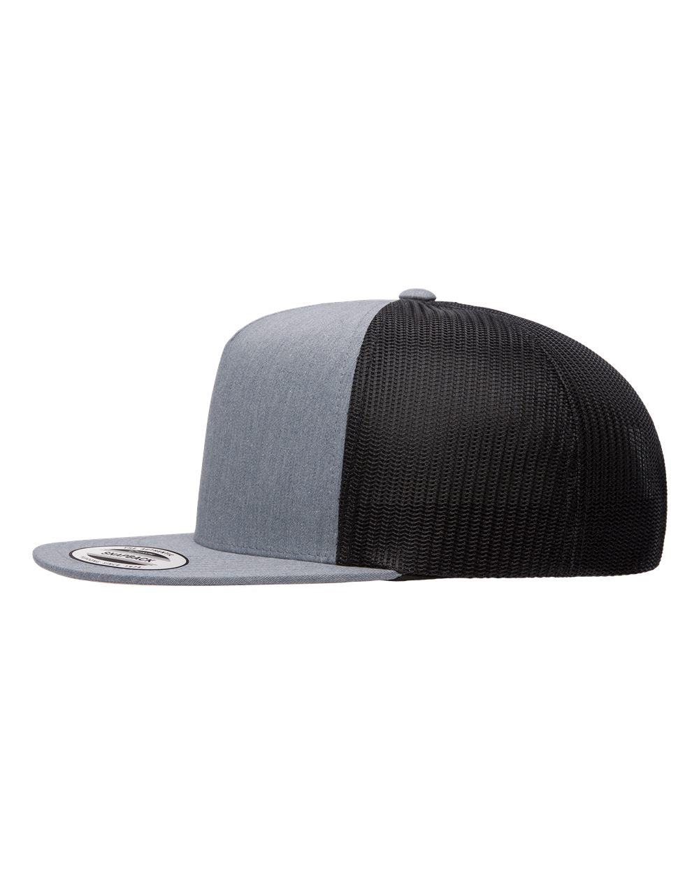 Flat bill trucker cap with heather gray front panels and black mesh back