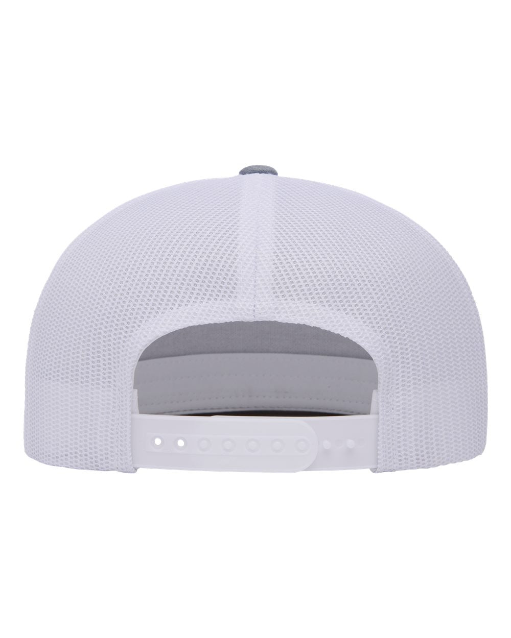Flat bill trucker cap in white with gray inner strap and white mesh back