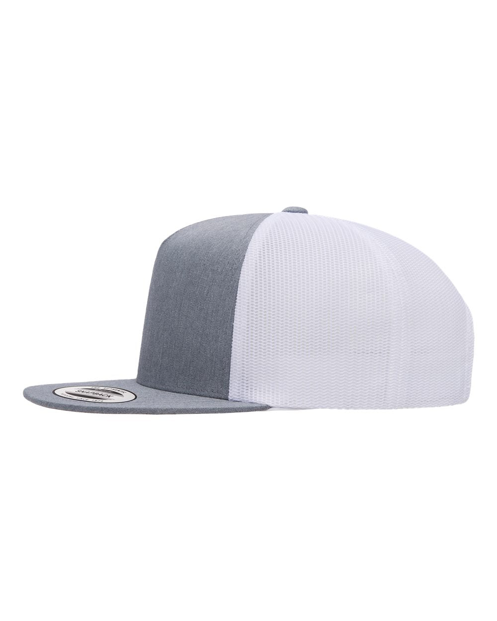 Two-tone flat-bill trucker cap with heather gray crown and white mesh sides, gray brim.