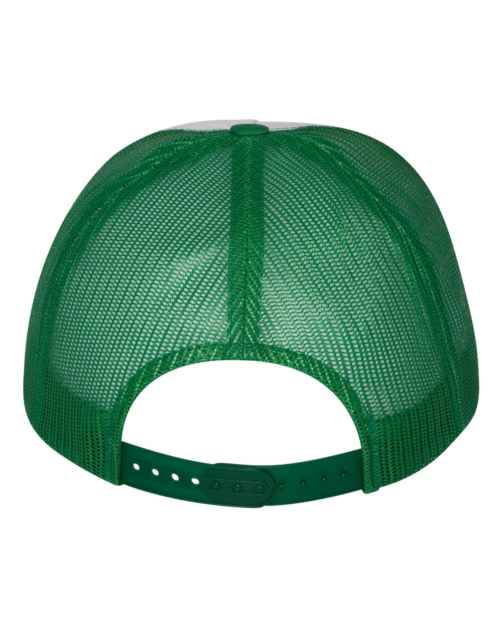 Flat-bill trucker cap with green mesh crown and green snapback strap