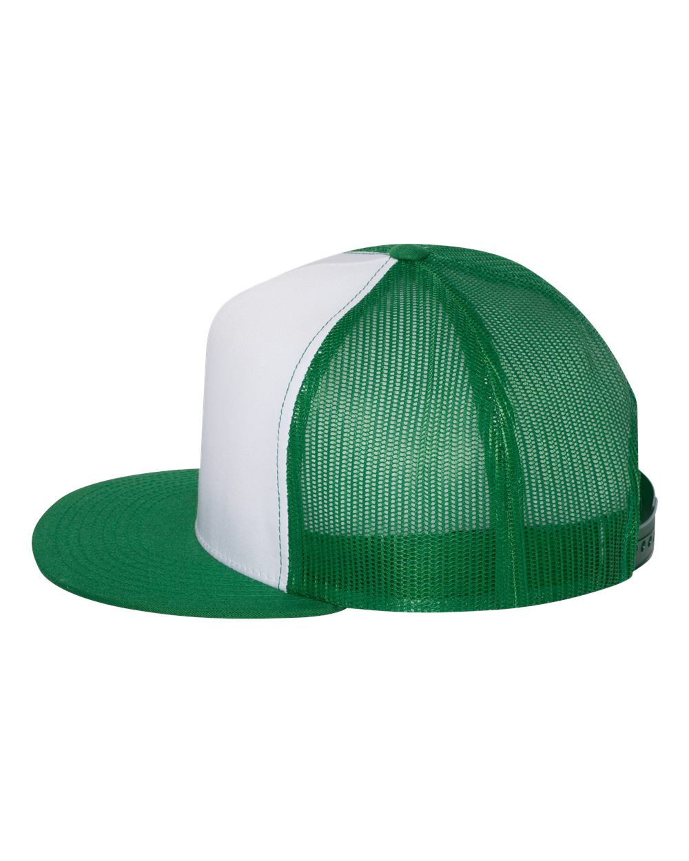 Two-tone flat-bill trucker cap with white front and green side mesh panels