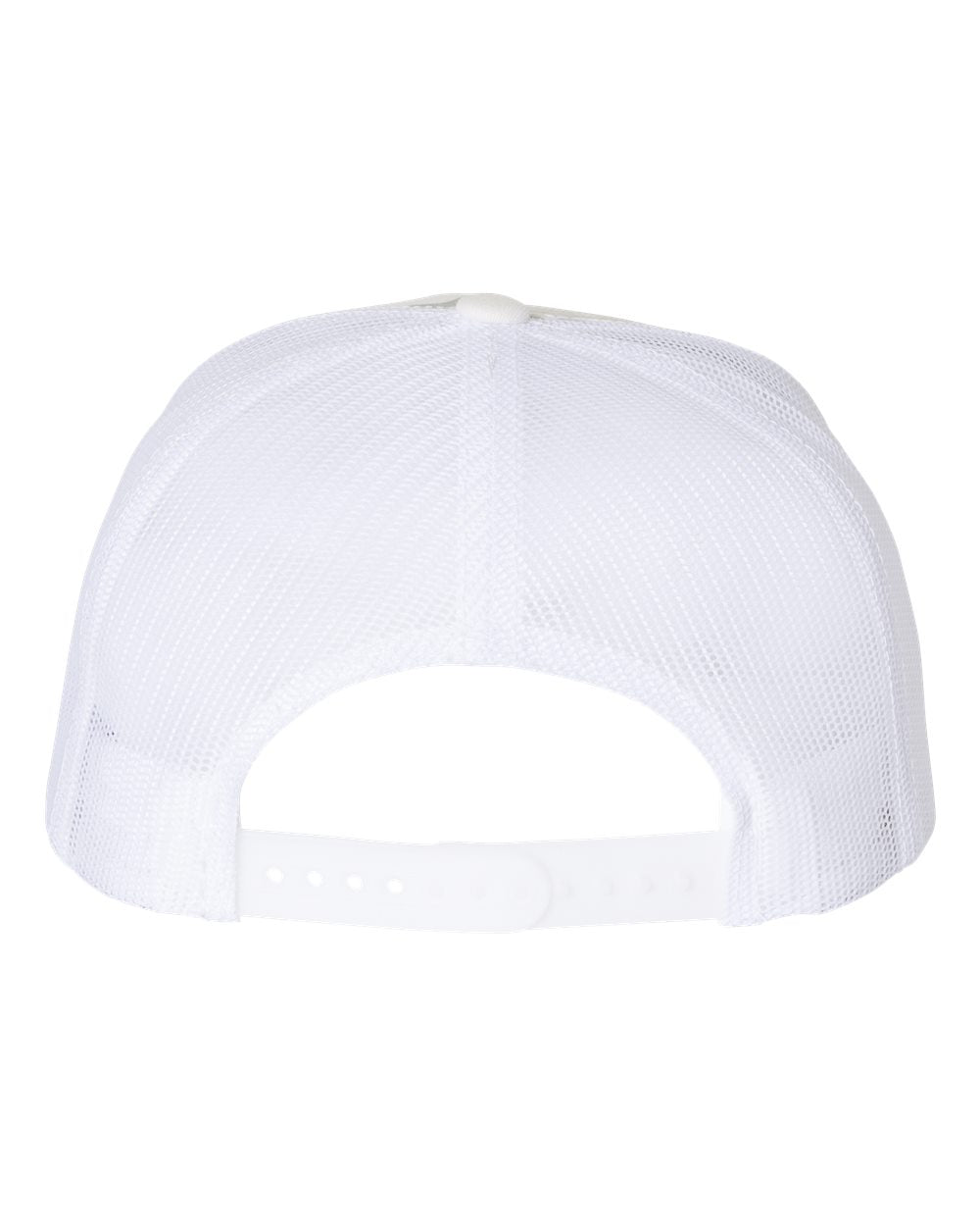 Flat-bill trucker cap with all-white mesh panels and white snapback strap