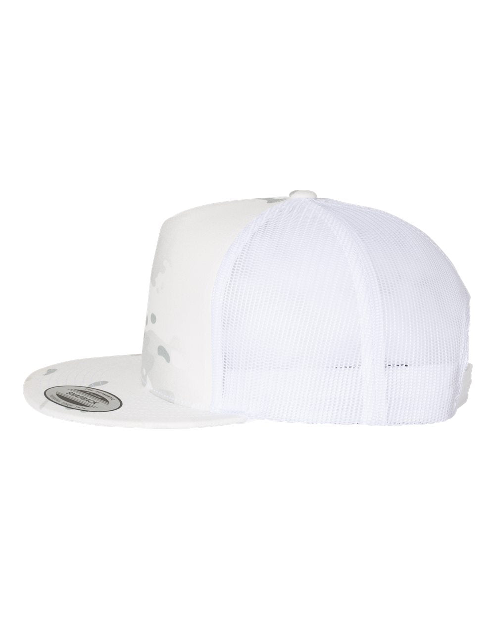 Two-tone flat-bill trucker cap with white mesh crown and light gray brim