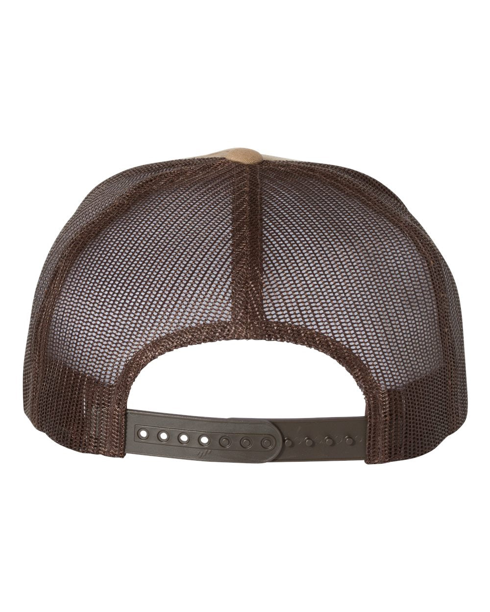 Flat bill trucker cap with brown mesh panels and tan top button; snapback strap at back.