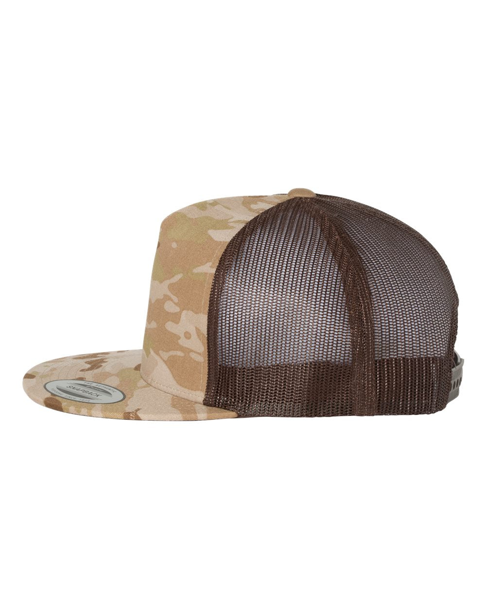 Flat bill trucker cap with brown mesh and tan camouflage front panel; snapback strap at back.
