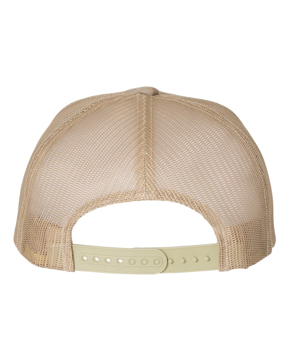 Flat bill trucker cap with light beige mesh panels and tan top button; snapback strap at back.