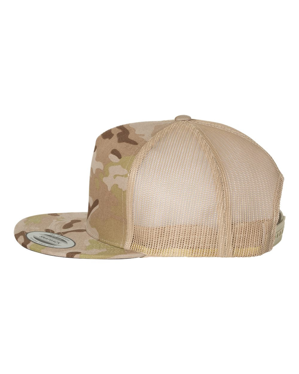 Flat bill trucker cap with tan mesh and camouflage front; snapback strap at back.