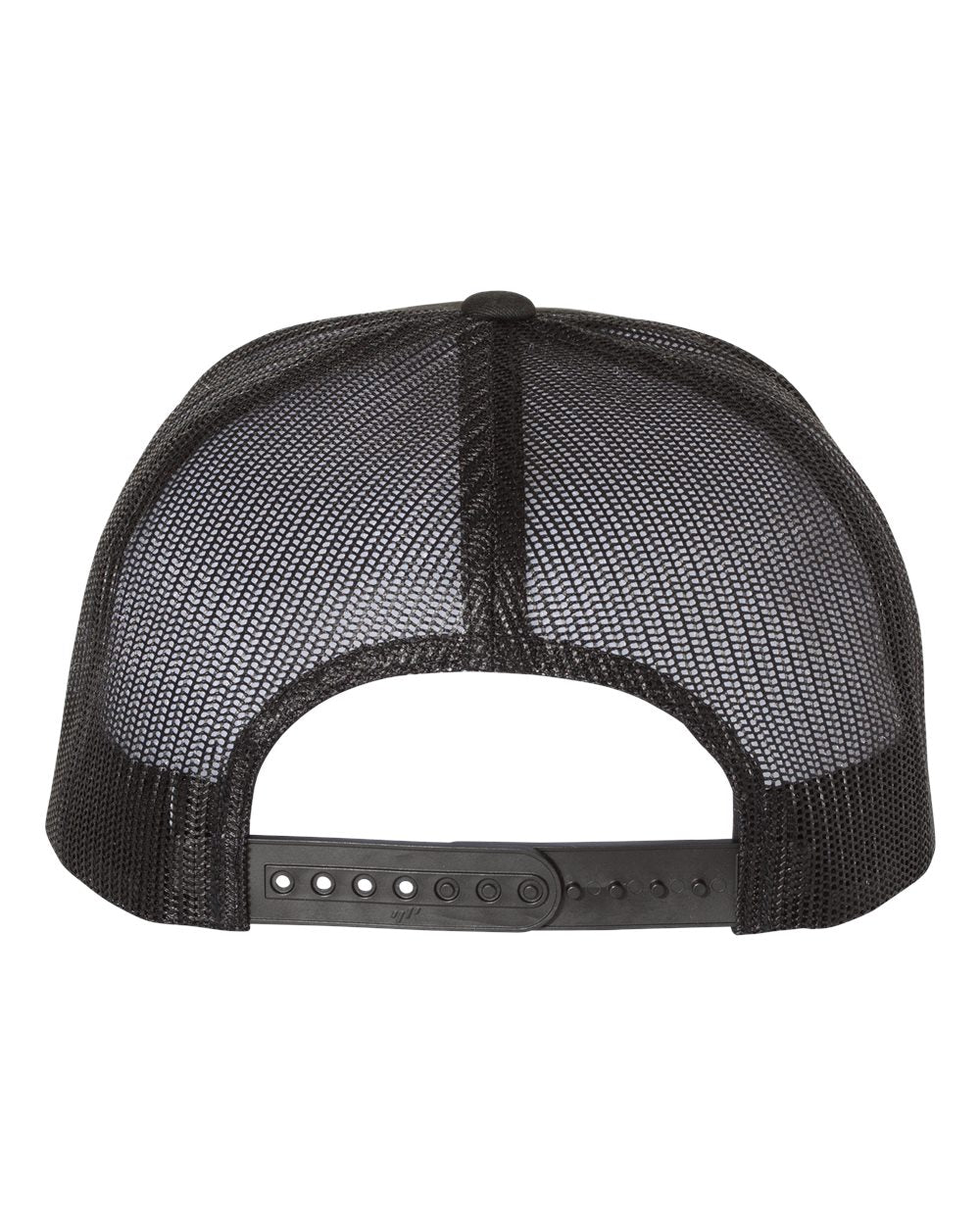 Flat bill trucker cap with black mesh panels and dark top button; snapback strap at back.