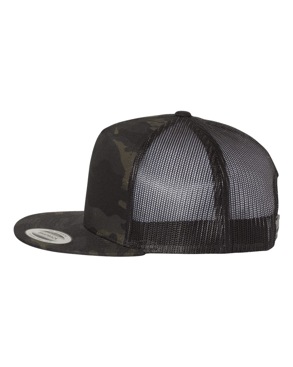 Flat bill trucker cap with dark camouflage front and black mesh panels; snapback strap at back.