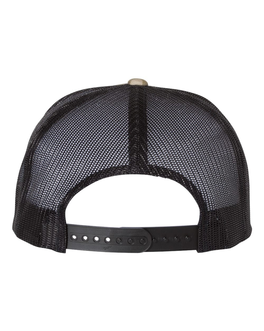 Flat bill trucker cap with black mesh panels and dark top button; snapback strap at back.