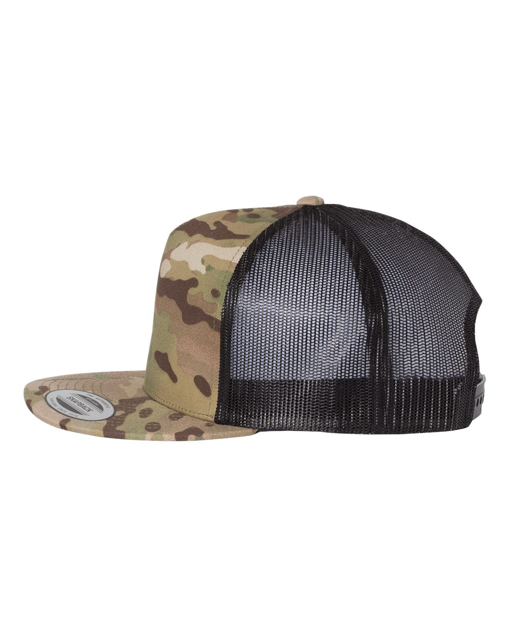Flat bill trucker cap with camo front panel and black mesh sides; snapback strap at back.