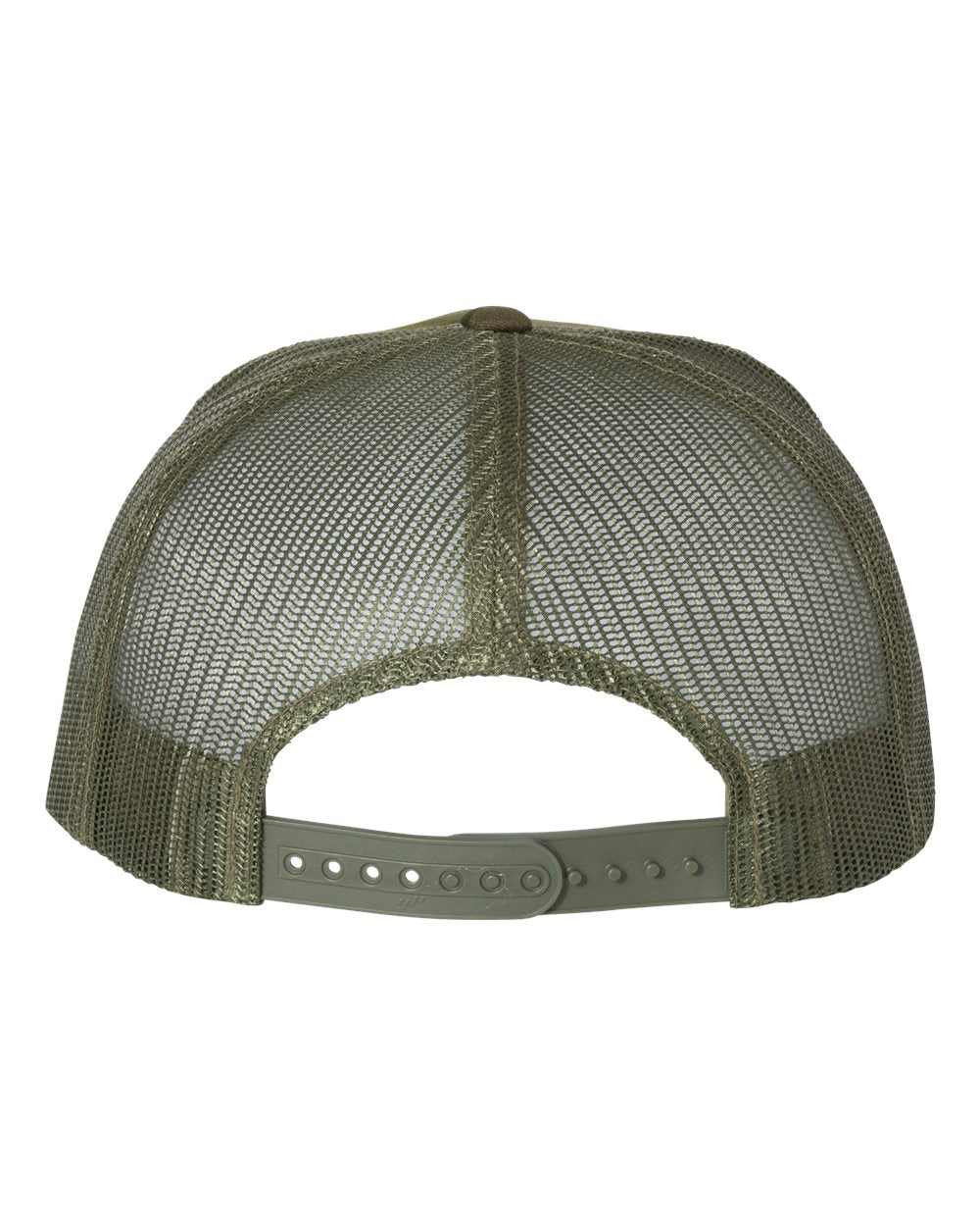 Flat bill trucker cap with olive green mesh panels and dark top button; snapback strap at back.