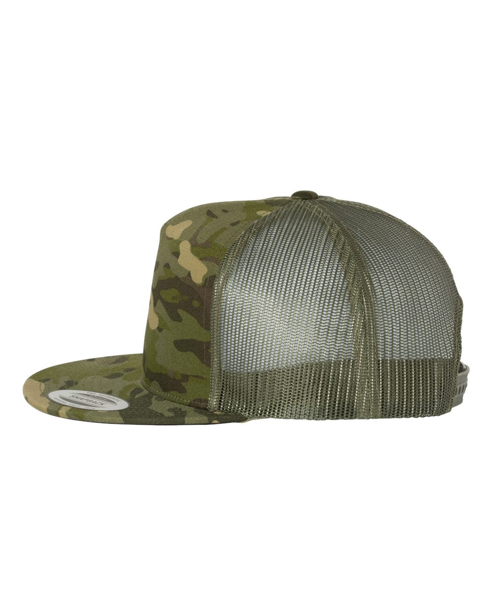 Flat bill trucker cap with olive camouflage front panel and olive mesh sides; snapback strap at back.