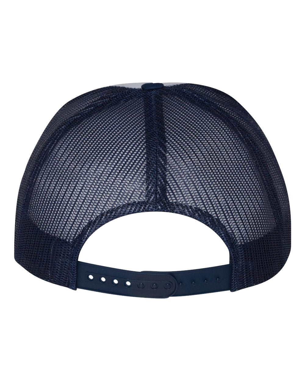 Flat bill trucker cap, dark navy mesh with adjustable snapback strap