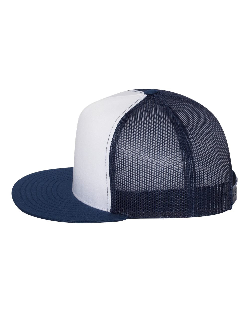 Flat bill trucker cap, white front panel with dark navy mesh and brim