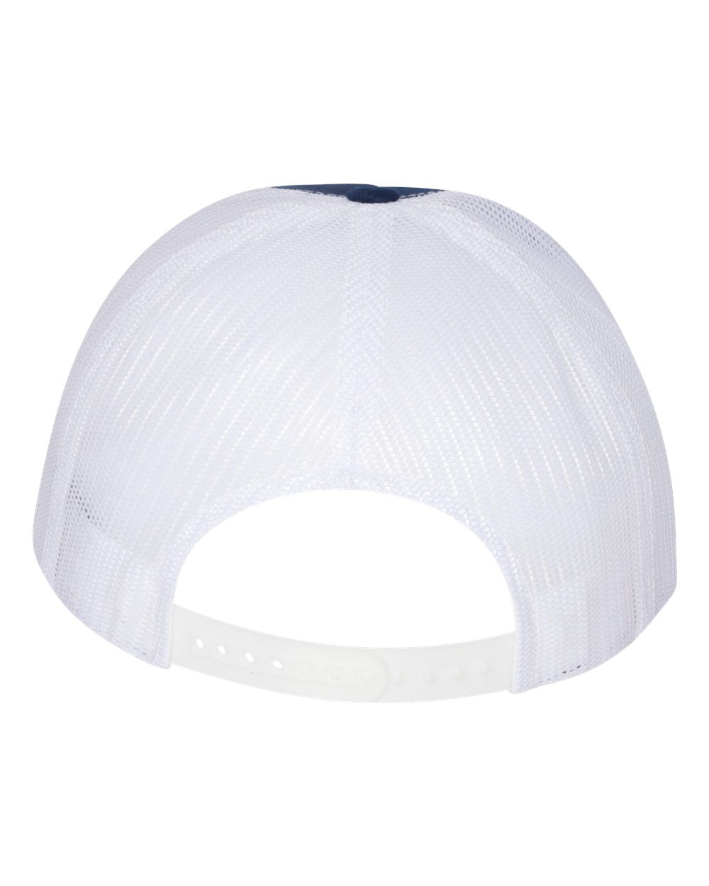 Flat bill trucker cap, white mesh crown with curved white brim