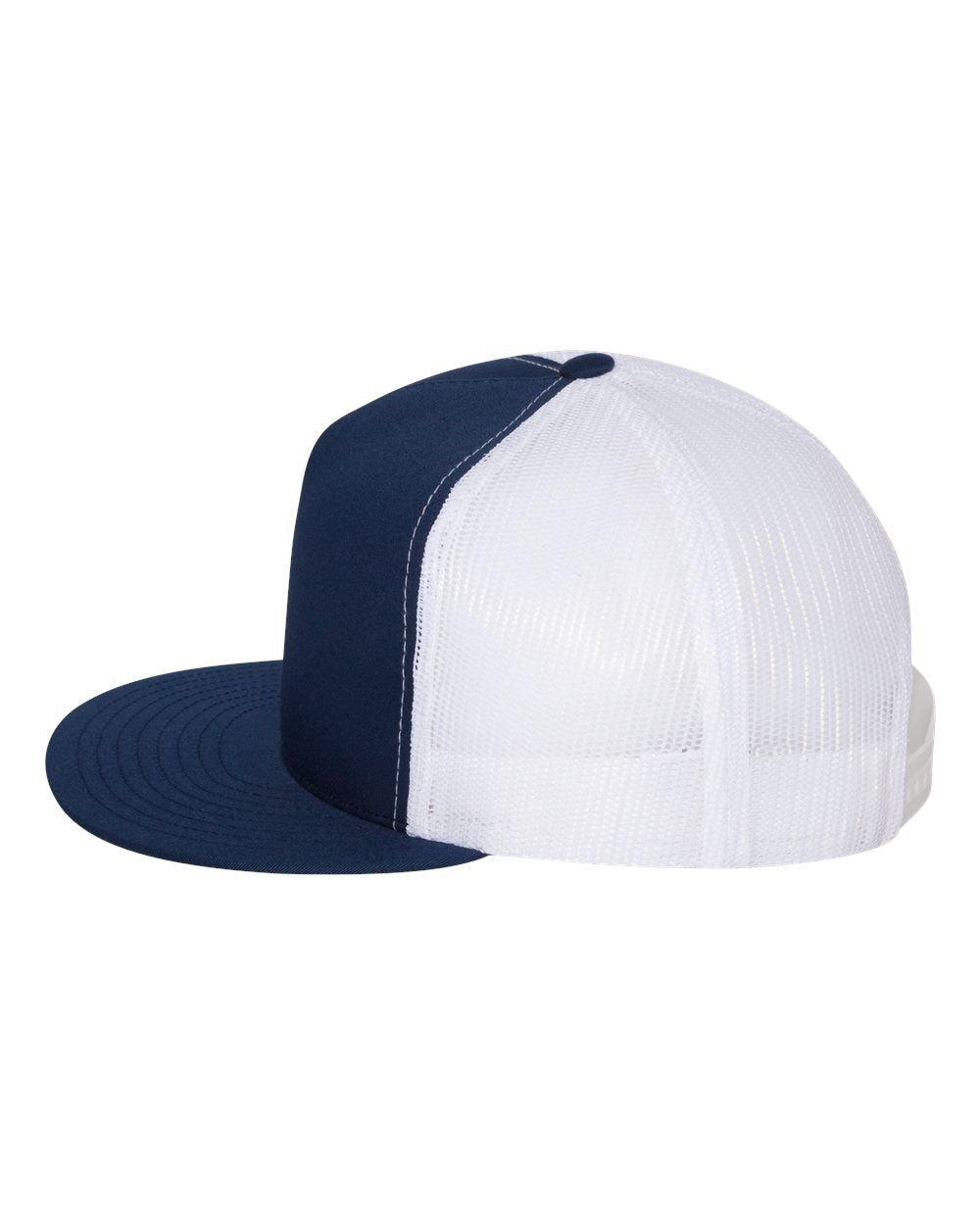 Flat bill trucker cap, navy and white color-block mesh with navy brim