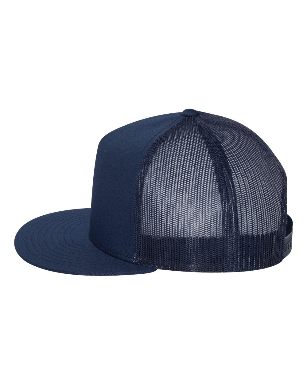 Flat bill trucker cap, dark navy mesh crown with matching curved brim