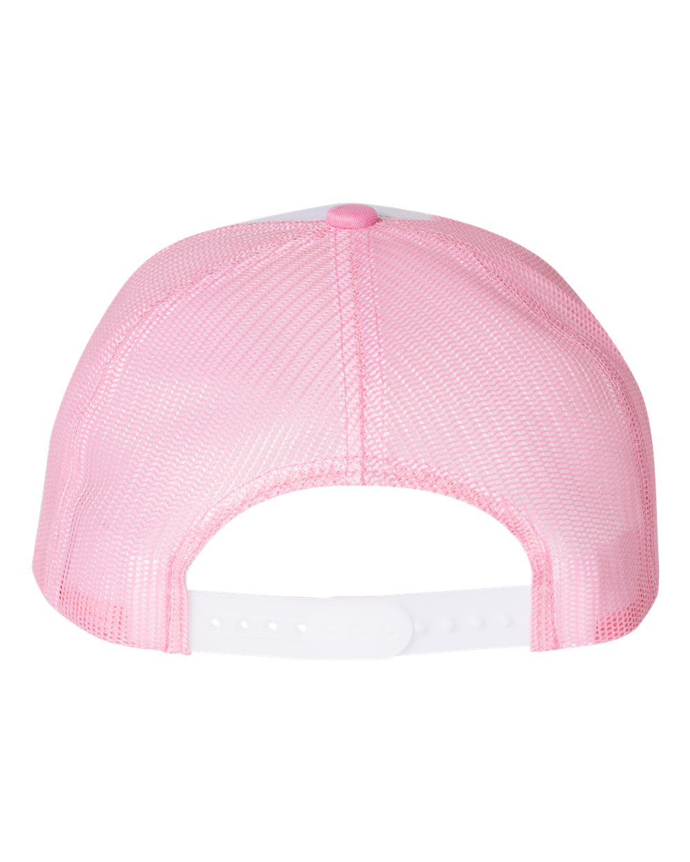 Flat bill trucker cap, pink mesh crown with adjustable white strap