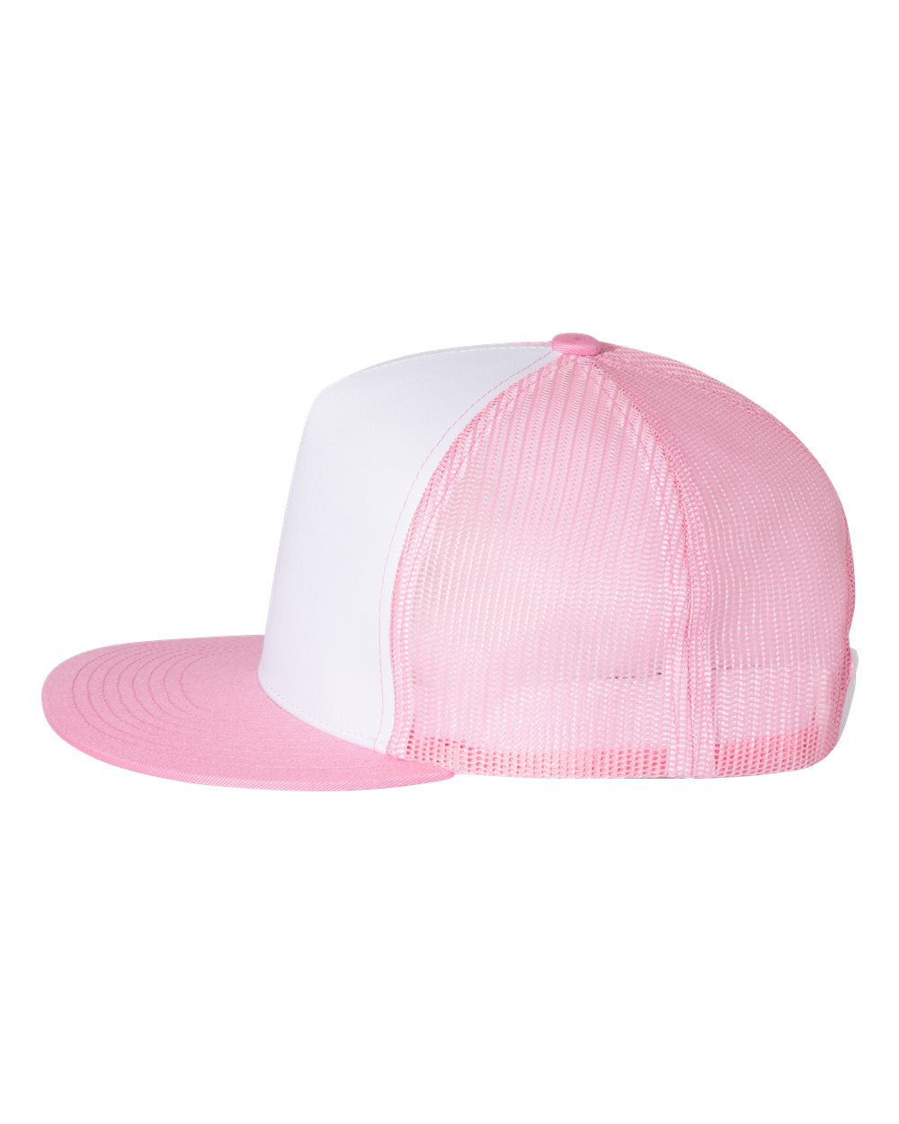 Flat bill trucker cap, white front with pink mesh sides and pink brim