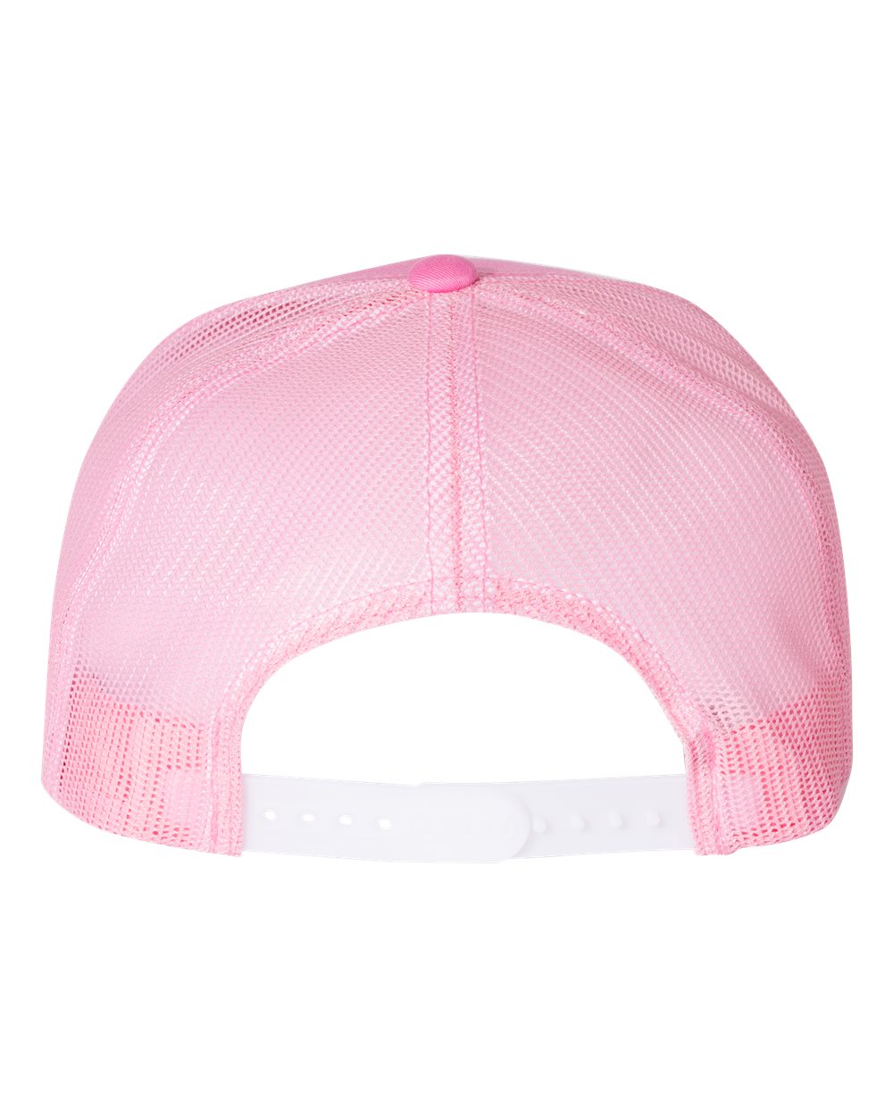 Flat bill trucker cap, light pink mesh crown with matching curved brim